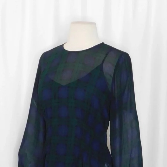 NEW!! J. CREW Chiffon Shirred-Waist Top Black Watch Tartan Plaid Copper Green 2 - Picture 7 of 14
